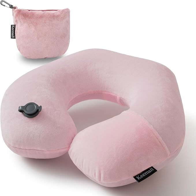 Keemall Inflatable Neck Pillow, Premium Pink U-Shaped Travel Pillow with Soft Washable Cover, Compact Portable Airplane Travel Essentials for Flight, Car and Office, Ideal Travel Gift for Women