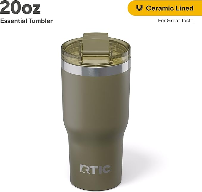 RTIC 20oz Essential Tumbler with Lid, Ceramic Lined, Insulated, Stainless Steel, Metal, Double Wall Vacuum-Insulation, Travel Cup for Iced Coffee, Tea, Hot and Cold Drink, Olive