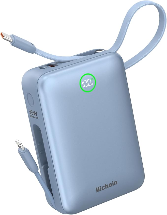 Hichain Portable Charger 35W 20000mAh Power Bank Fast Charging Portable Fast Charger Power Bank for iPhone 17/16/15/14/13, iPad, Android, LED Display Battery Pack Built Dual Cables & 4 Outputs Blue