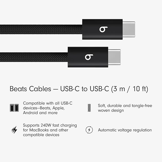 Beats 240W USB-C to USB-C Braided Cable, Fast Charging, Durable/Tangle Free, Compatible with Apple and Android Devices (3 m/10 ft) – Bolt Black