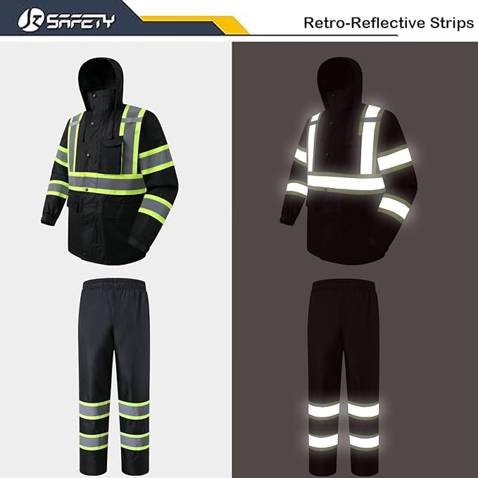 JKSafety Hi-Vis Reflective Safety Rain Jacket and Pants for Men Women Waterproof Rain Gears for Farming Fishing Work HV Rain Suit with Inner Mesh Lining and Pockets (117-Black M)