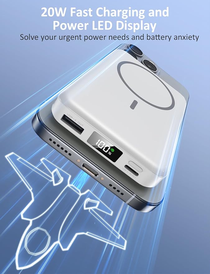 Magnetic Portable Charger, 10000mAh Power Bank, 5 in 1 Portable Charger with Built in Cable, 20W Fast Charging for Magsafe Battery Pack Compatible with iPhone 17/16/15/14/13/12 Pro/Pro Max-White