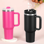 4 Pack 40 Oz Tumblers with Handle Bulk, Double Wall Vacuum Insulated Stainless Steel Tumblers with Lid and Straw, 40 oz Cup with Silicone Spill Proof Stopper Set (Black-2,Hot Pink-2)