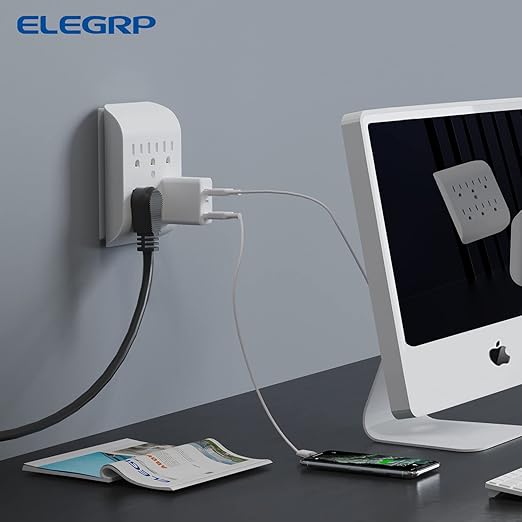 ELEGRP 6-Outlet Extender with Central Anchor, 3-Prong Grounded Wall Tab, Multiple Outlet Extender with 6 Electrical Outlets, ETL Listed, 2 Packs, White