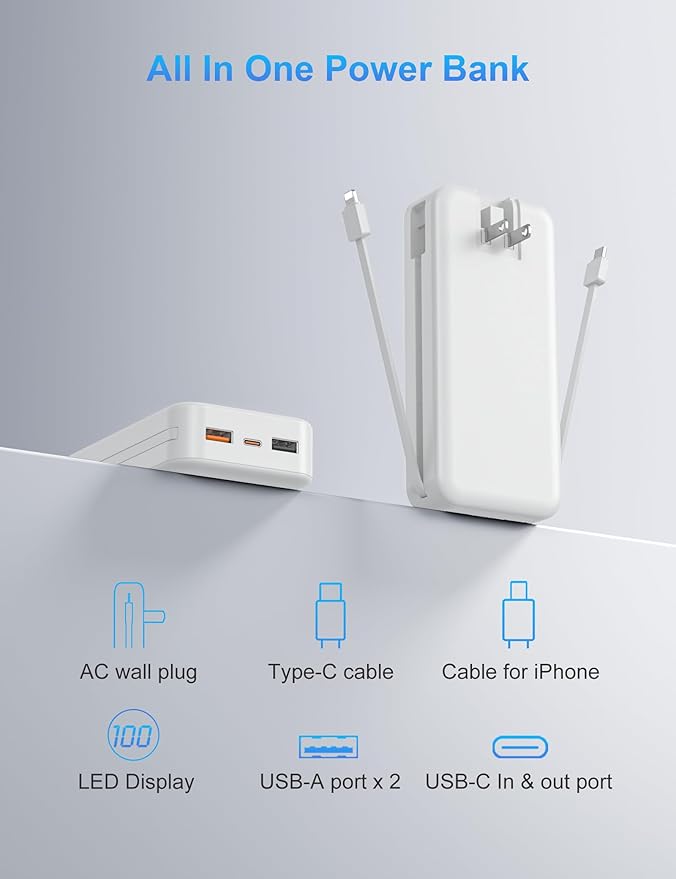 Ffnpua Portable Charger with Wall Plug, 20000mAh USB C Power Bank Fast Charging, External Battery Pack with Built in Cables, Digital Display, 5 Output 2 Input for iPhone Android Cell Phone Tablet