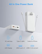 Ffnpua Portable Charger with Wall Plug, 20000mAh USB C Power Bank Fast Charging, External Battery Pack with Built in Cables, Digital Display, 5 Output 2 Input for iPhone Android Cell Phone Tablet