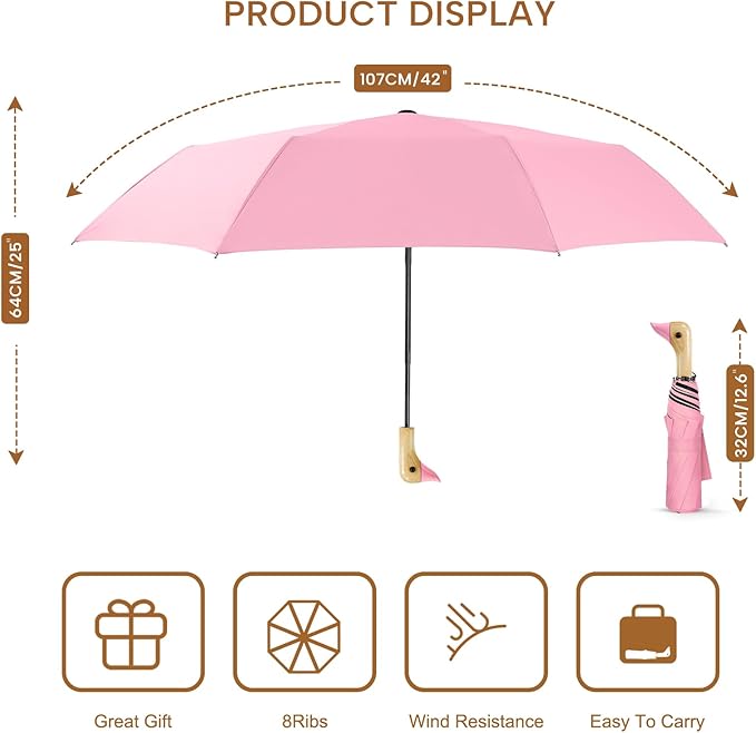 Compact Small Umbrellas for Rain&Sun, Cute Design Duck Head Umbrella for Girls Gifts, 8 Ribs Folding Umbrella with Wooden Handle