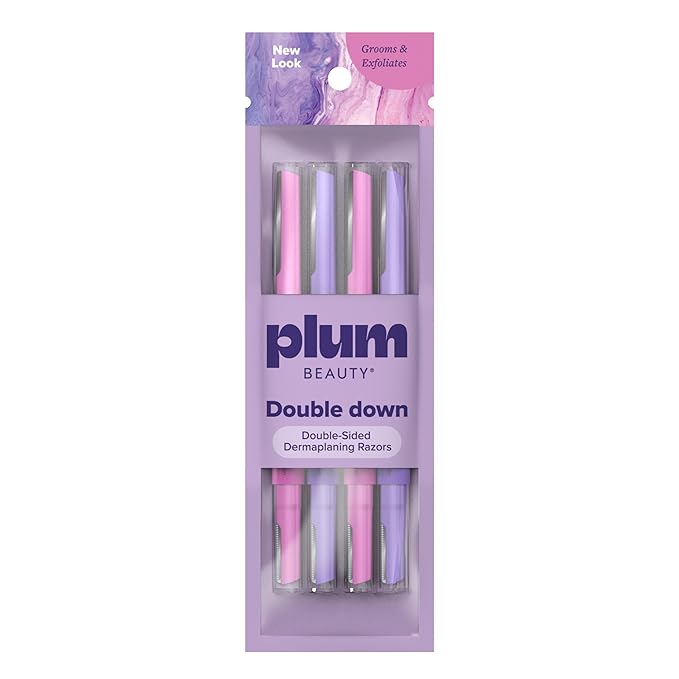 Plum Beauty Double-Sided Dermaplaning Razors (4-Pack) – Dual-Blade Facial Razors for Women - Precision & Large Blades for Brows, Upper Lip, & Cheeks - Peach Fuzz Remover & Exfoliating Face Tool
