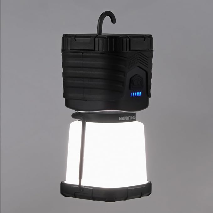 Amazon Basics Camping Essentials Lantern, 360-Degree 1000 Lumen LED, Adjustable Dimmable with 4 Lighting Modes, Water Resistant IPX4, Black (Batteries Not Included)