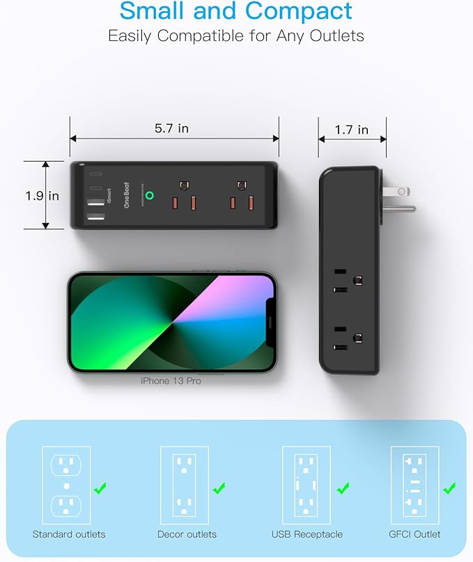 Surge Protector Outlet Extender with Rotating Plug, 6 AC Multi Plug Outlet with 4 USB Ports (2 USB C), 1800 J, 3-Sided Swivel Power Strip with Spaced Outlet Splitter for Dorm Office, Black-2 Pack