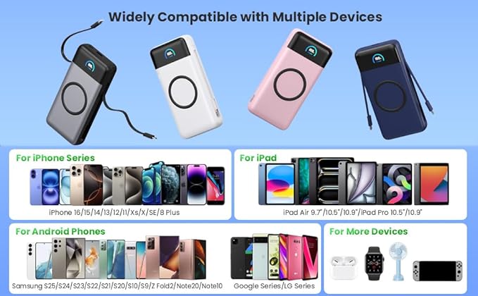 Wireless Portable Charger 40,800mAh with Built-in Cables,15W Wireless Charging 25W PD QC4.0 Fast Charging USB-C Power Bank,Travel Essentials External Battery Pack for iPhone 17/16/15/14,Galaxy,Android