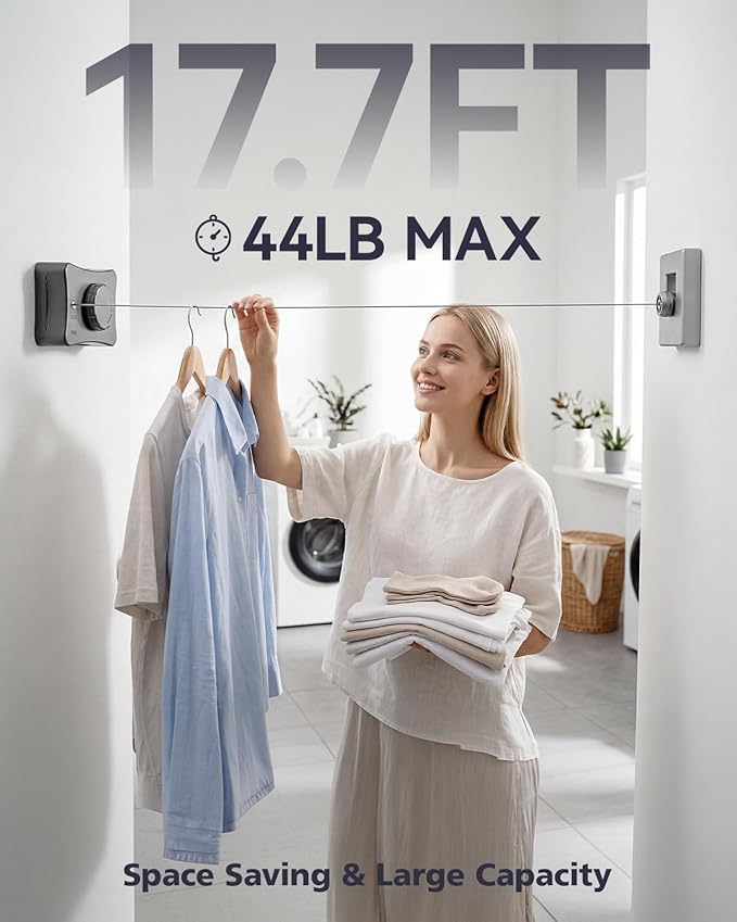 17.7 Ft Retractable Clothesline, Non-Sagging Wall Mounted Laundry Line with 10Pcs Clothespins, Heavy Duty Auto Retracted Indoor Outdoor Clothes Line for Bathroom Balcony Apartment RV Travel, 44LB MAX