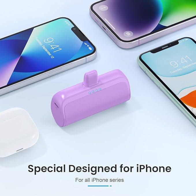 [2 Pack] Mini Portable Charger for iPhone 5200mAh, 20W PD Fast Charging Power Bank, LCD Display Battery Pack Portable Phone Charger for iPhone 14/14 Pro Max/13/12/11/XR/8/7/6 Mint Green+Lavender