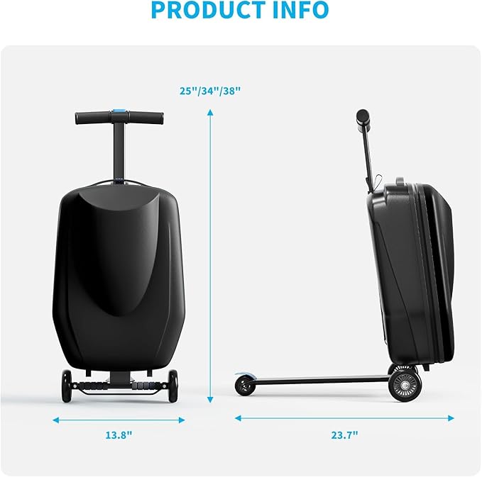 TABU 21" 3-D Hardshell Scooter Suitcase for Kid & Adult, Foldable Carry-on Scooter Luggage with Telescopic Handle, Multifunctional Lightweight Traveling Suitcase for Age 4-15, Black