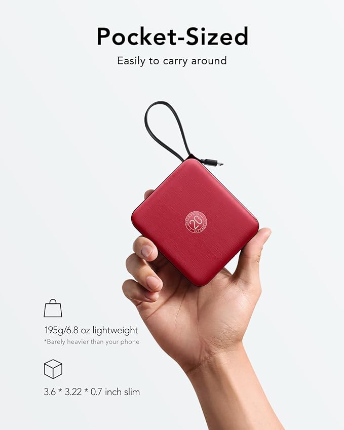 VRURC 10000mAh Portable Charger for iPhone with Built-in Cables, 22.5W Fast Charging Power Bank with LED Display, Slim USB C Battery Pack for iPhone 17, Samsung S25, Travel Essentials (Red)