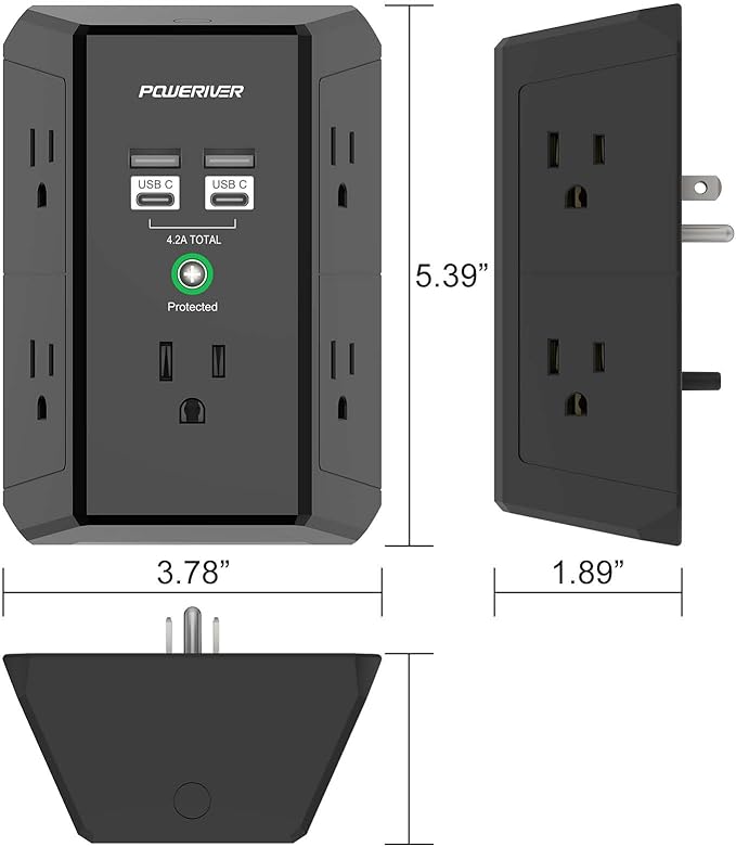 Multi Outlet Extender Surge Protector - POWERIVER Multi Plug Wall Outlet with 5 AC Outlets and 4 USB Ports(2USB C), 1680 Joules, Outlet Splitter for Home School Office, ETL, Black