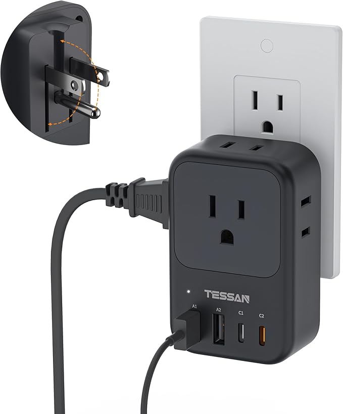 TESSAN USB C Charger Block 20W PD, Fast Charging Adapter with Foldable Plug, 1875W Power Outlet Extender(4 AC and 4 USB) for Cruise, Home, Office, Dorm Room Essentials, Black