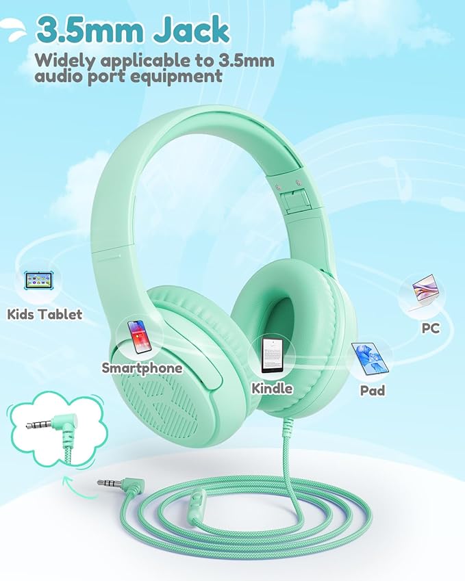 awatrue Kids Headphones for School Travel, 85/94dB Safe Volume Limit, 3.5mm Jack, HD Mic, Portable Wired Headphone with Shareport, Stereo Sound On-Ear Headphones for Toddler Kids Girls Boys Green