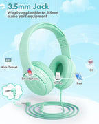awatrue Kids Headphones for School Travel, 85/94dB Safe Volume Limit, 3.5mm Jack, HD Mic, Portable Wired Headphone with Shareport, Stereo Sound On-Ear Headphones for Toddler Kids Girls Boys Green