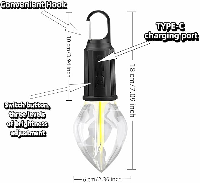 Portable LED Camping Lantern，Hang Anywhere Hook, USB-C Rechargeable, 3 Brightness Modes, Water Resistant for Emergency, Tent, Hiking, Power Outage& Outdoor (Black 1PCS) (T03)