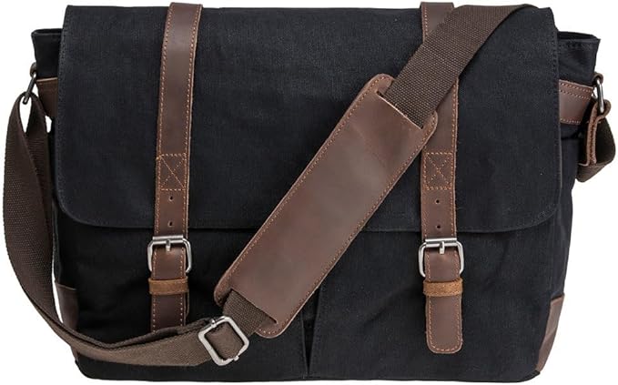 Vintage Genuine Leather Waxed Canvas Briefcase Large Satchel Shoulder Bag Rugged Computer 15.6" Laptop Bag
