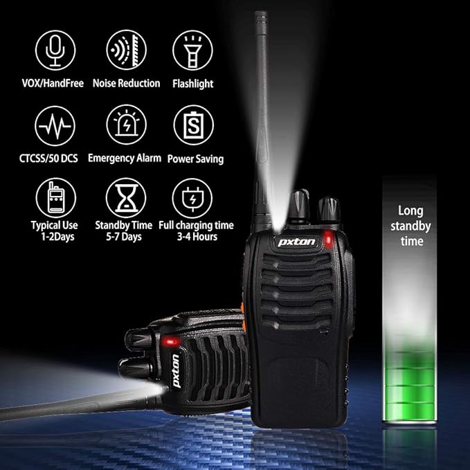 pxton Walkie Talkies for Adults Two Way Radios Long Range with Headphones,16 Channel Handheld 2 Way Radio Rechargeable with Flashlight Li-ion Battery and Charger（10 Pack）