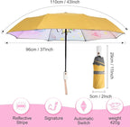 Kids Umbrella for Boys Girls, Yellow Cute Cartoon Automatic Folding Travel Umbrella with Reflective Stripe, Double Canopy Waterproof, 8 Ribs Windproof, Compact Rain Gear