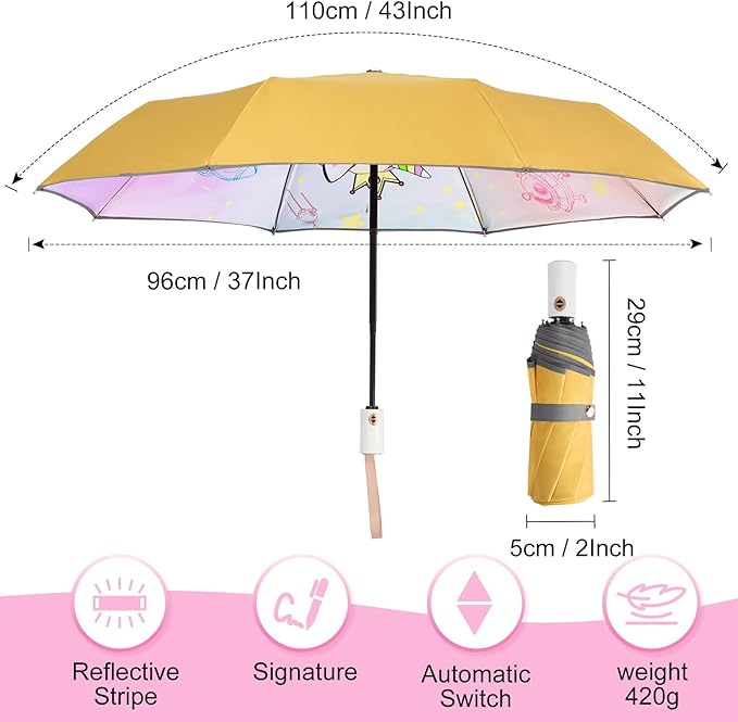 Kids Umbrella for Boys Girls, Yellow Cute Cartoon Automatic Folding Travel Umbrella with Reflective Stripe, Double Canopy Waterproof, 8 Ribs Windproof, Compact Rain Gear