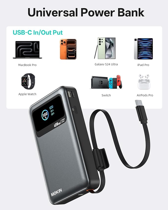 MOKiN 40W Fast Charging Portable Charger for Samsung iPhone Android, 10000mAh 3-in-1 Power Bank with Wall Plug, Built-in USB-C Cable, LCD Display, Travel Battery Pack for iPhone 17/16/15 Series