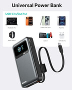 MOKiN 40W Fast Charging Portable Charger for Samsung iPhone Android, 10000mAh 3-in-1 Power Bank with Wall Plug, Built-in USB-C Cable, LCD Display, Travel Battery Pack for iPhone 17/16/15 Series