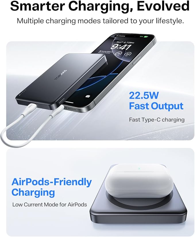 TORRAS MiniMag Power Bank,Ultra-Slim 10,000mAh Magnetic Wireless Portable Charger, 22.5W Fast Charging iPhone Air MagSafe Battery Pack Designed for iPhone 17 Pro Max/17 Pro/Air/16/15/14/13/12, Gray