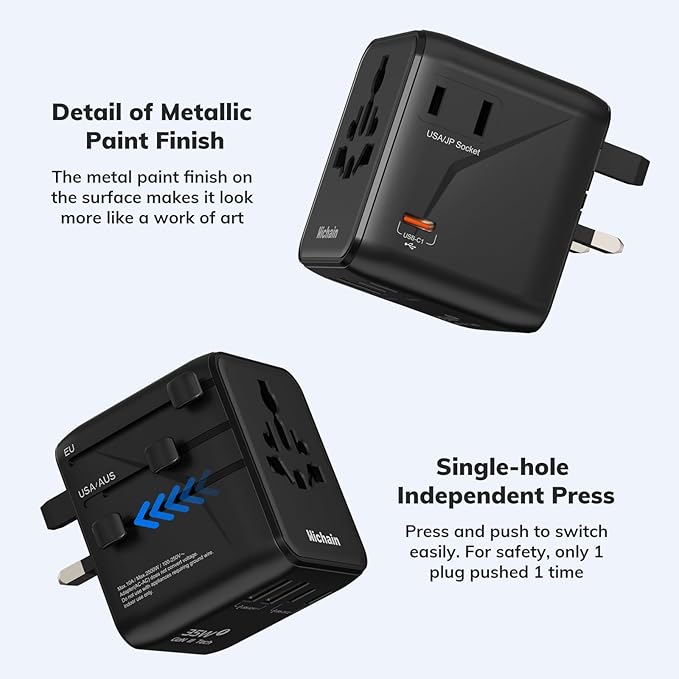 Hichain International Power Adapter 35W, Universal Travel Adapter 7-in-1 Worldwide Plug Power International Charger for Business Travelers Vacationers, Fast Charging for iPhone 17/16, Tablets, GoPro