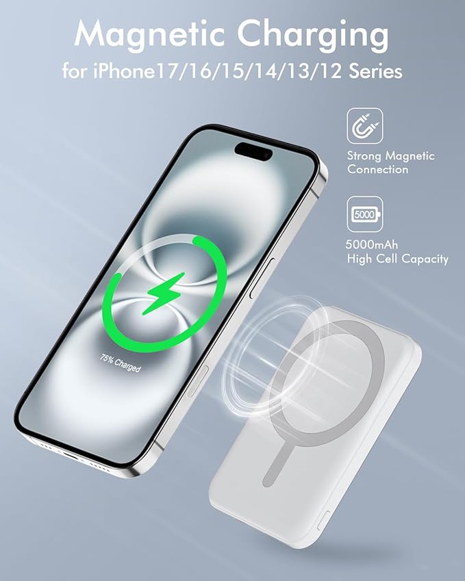 podoru for Magsafe Battery Pack, 5000mAh Magnetic Power Bank with Type-C Cable 20W PD Fast Charging Lighting Input Wireless Portable Charger for iPhone 17/16/15/14/13/12/ All Series-Snow White