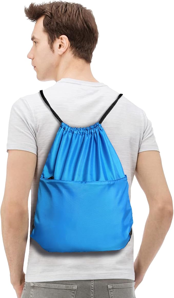 Drawstring Backpack Sports Water Resistant String Bag Sport Gym Sackpack for Women Men Large with Zipper, Neon Blue