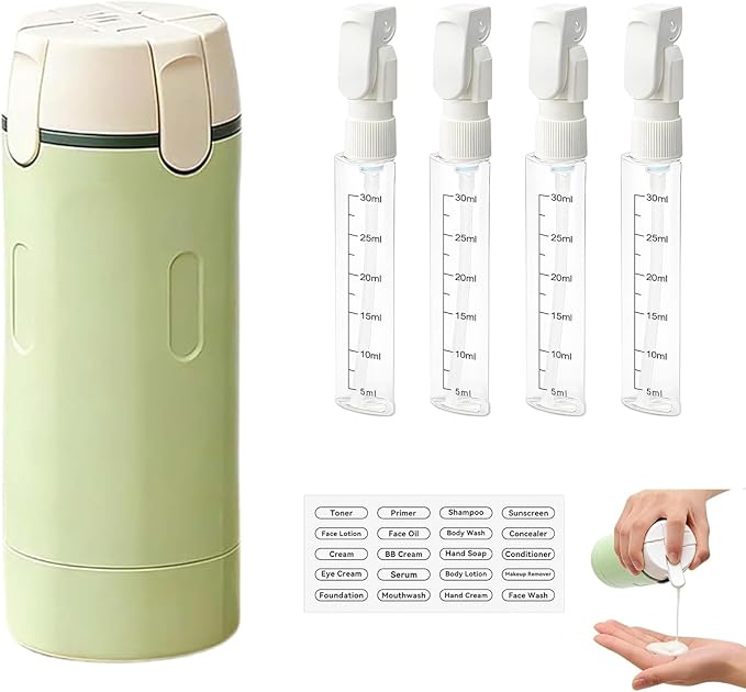 4 in 1 Travel Dispenser Bottle, 4-in-1 Refillable Travel Dispenser Bottles, 4 Pack 30ML Travel Bottles for Toiletries, 2026 New Portable Travel Containers for Shampoo Lotion Conditioner (Green)