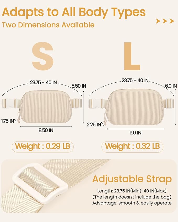 Vankor Beige Fanny Packs for Women Corduroy, Cute Beige Belt Bag for Women Crossbody Stylish Waist Pack Purse for Travel, Hiking, Workout, Running