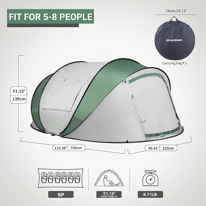 EchoSmile Pop Up Camping Tent, 2/4/6 Person Easy Setup Tent, Water Resistant Dome, Portable with Carry Bag