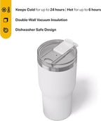 RTIC 30oz Essential Tumbler with Lid, Ceramic Lined, Insulated, Stainless Steel, Metal, Double Wall Vacuum-Insulation, Travel Cup for Iced Coffee, Tea, Hot and Cold Drink, White