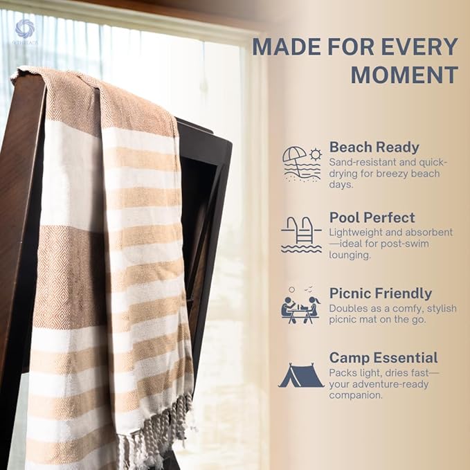 Cotton Turkish Beach Towel with Towels Oversized 36"x72" Pool Absorbent Extra Large Quick Dry Sand Travel Towel (Biscotti Luxe, 4 Pack)