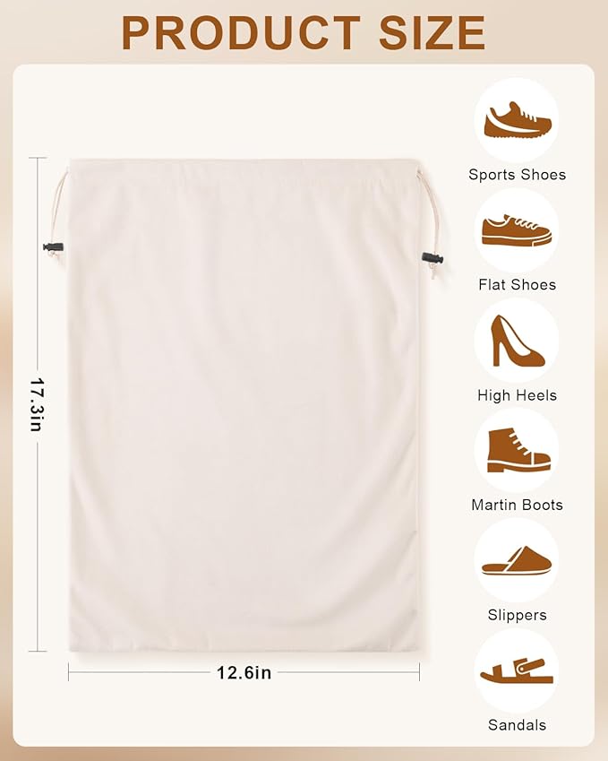 FantasyLife Shoe Bags for Travel, Washable Dust Bags for Storage & Packing, Flannel Shoe Pouch with Drawstring Closure for Purses, Handbags, Shoes & Toys (4, Beige, 17.3"x12.6")