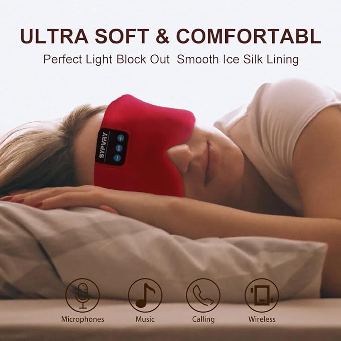Sleep Mask Bluetooth 5.4 Headphones Soft Wireless Headband Eye Mask Blackout with Microphone (Red)