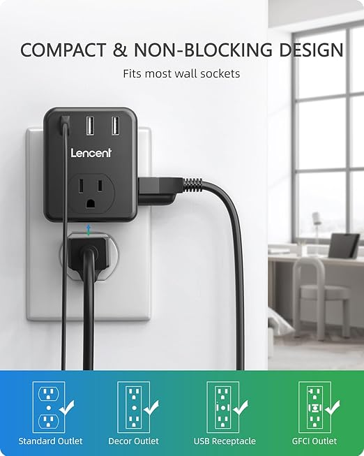 LENCENT Multi Plug Outlet Extender, 2 Pack, USB Brick, 3 Outlets Splitter with 3 USB Ports, Wall Charger, 3 Prong Power Charging Box Expander for Home, Office, Hotel - Black