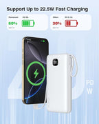 penaover Portable Charger with Built-in Cables&AC Wall Plug,5 Output 2 Input 20000mAh Power Bank,22.5W Fast Charging Battery Pack with LED Display,Compatible with iPhones,Android, Samsung etc,White