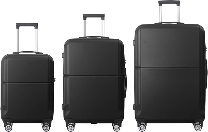 3-Piece Luggage Set 3 (20"/24"/28"), Hardside Suitcases with 8 Spinner Wheels, Scratch-Resistant ABS Shell, set2, set3 Travel Suitcase, TSA Lock (Minimalist Design, Black)