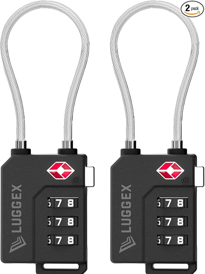 LUGGEX TSA Locks for Luggage, Suitcase Locks TSA Approved, Luggage Locks, Ease of Use & Durable(Silver Cable,2 Pack)