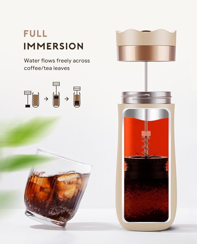 Travel Coffee Press, Vacuum Insulated Portable French Press, Stainless Steel Portable Coffee Maker/Tea Press, 12oz, Beige