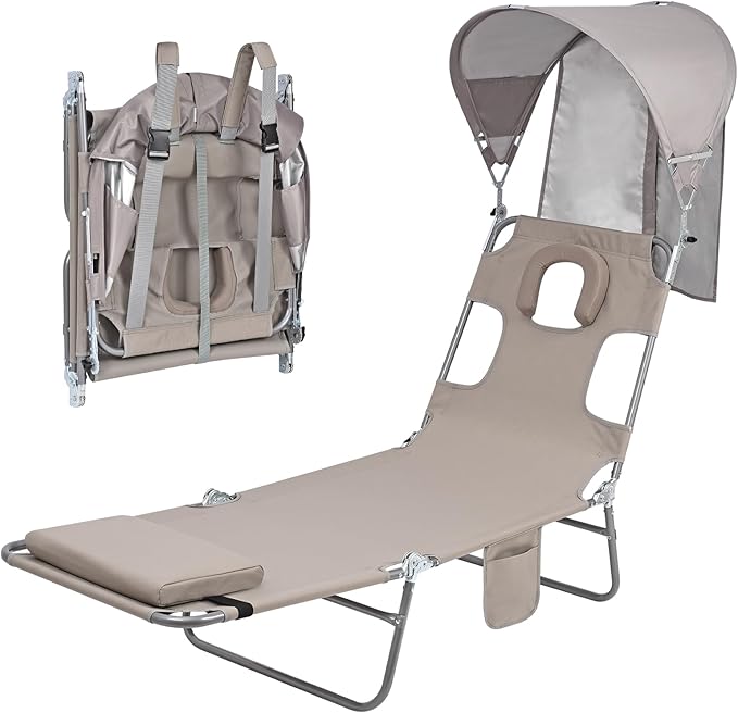 Backpack Beach Tanning Chair with Canopy and Face Hole, 6-Position Folding Lay Out Lounge Chair, UPF 50+ Wind-Resistant Sun Shade, Portable Recliner for Sunbathing, Outside, Poolside, Lawn, Patented