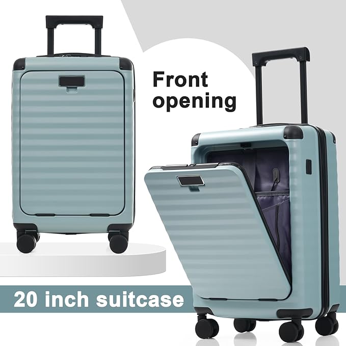 5 Piece Luggage Set w/TSA Locks & USB Port, Front Opening Hard Shell Luggage Sets, Expandable Suitcase Set with Wheels and Cup Holder(20"/24"/28") (Light Blue)