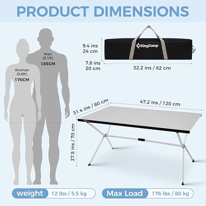 KingCamp Camping Table Roll up Aluminum Folding Table Lightweight Large Portable Foldable Camp Table for Picnic Camping Barbecue Backyard Beach Tailgate Indoor Outdoor, 4-6 Person, Support 176lbs