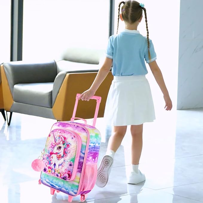 Girls Luggage, Kids Sequins Rolling Luggage, Cute Unicorn Travel Carry on for Elementary Preschool Toddler